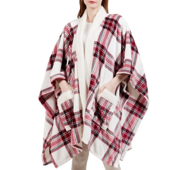 Red Green Plaid Plush Cape Coat with Deep Pockets NEW ! - Picture 1 of 11